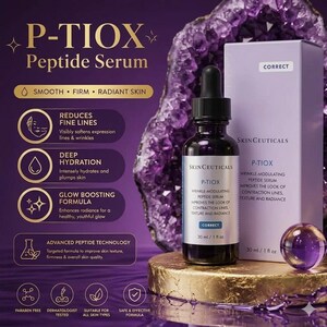 May include: A SkinCeuticals P-TIOX Peptide Serum bottle and its matching box, both labeled 30 ml / 1 fl oz. The packaging is light purple with dark text. The product sits on a gold circular base next to a small purple sphere.