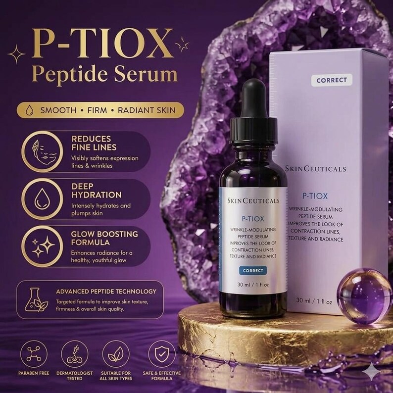 May include: A SkinCeuticals P-TIOX Peptide Serum bottle and its matching box, both labeled 30 ml / 1 fl oz. The packaging is light purple with dark text. The product sits on a gold circular base next to a small purple sphere.