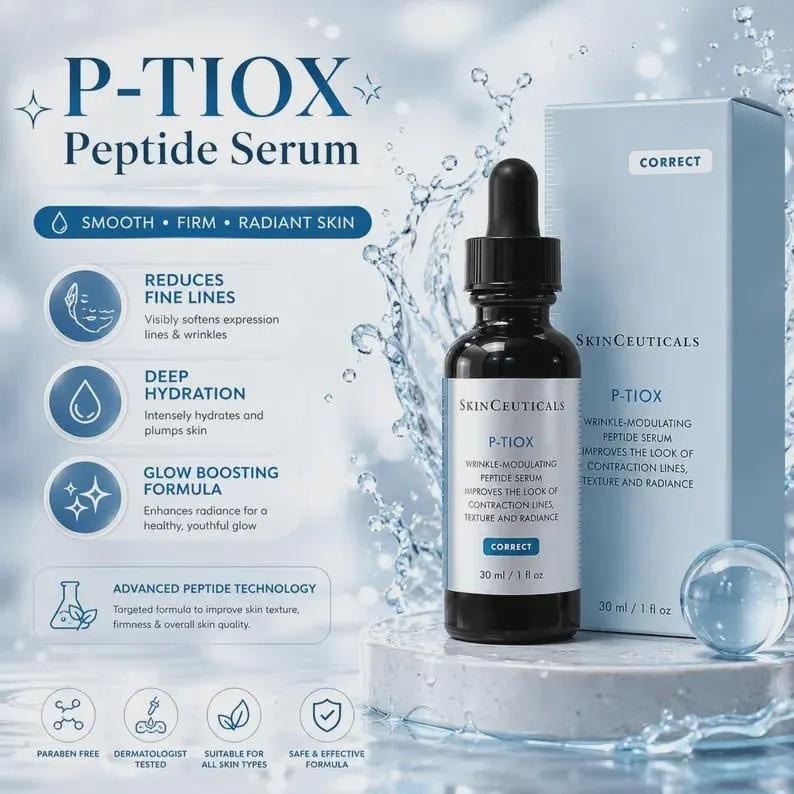 May include: A dark glass dropper bottle of SkinCeuticals P-TIOX Peptide Serum next to its light blue box. The label reads P-TIOX Wrinkle-Modulating Peptide Serum 30 ml / 1 fl oz. The background features water splashes and text detailing benefits.