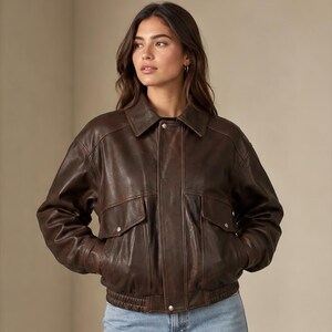 90's Vintage Brown Leather Jacket For Women's, Ladies Retro Fall Fashion Outfit, B3 Bomber Jacket Outerwear, Trendy Aviator Jacket