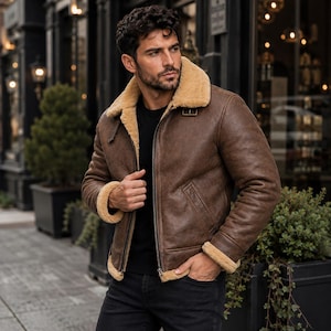 Men's Brown Sheepskin Leather Jacket, Faux Fur Shearling, Bomber Biker Leather Coat, Aviator Flight Moto Jacket, Men Winter Outfit, Casual