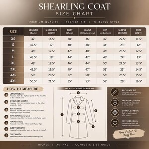 May include: A shearling coat size chart featuring a table with measurements in inches for sizes XS to 4XL. It includes a measurement diagram with numbered instructions for length, shoulder width, bust, waist, hip, sleeve length, and cuff width.