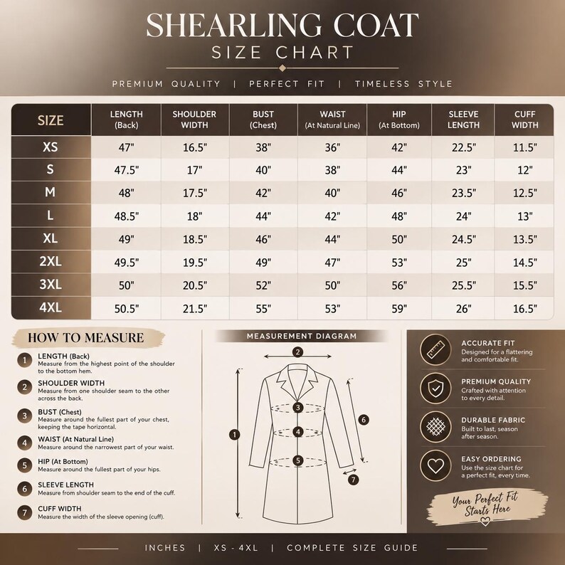 May include: A shearling coat size chart featuring a table with measurements in inches for sizes XS to 4XL. It includes a measurement diagram with numbered instructions for length, shoulder width, bust, waist, hip, sleeve length, and cuff width.