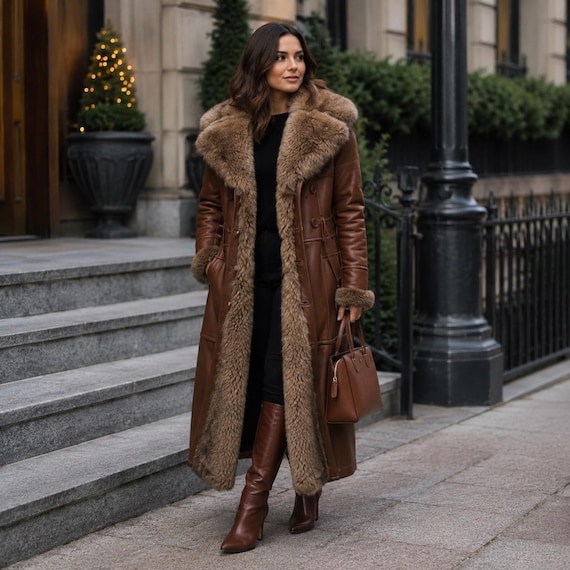 Women's Brown Sheepskin Leather Winter Coat, Ladies Handmade 80s Style Long Fur Coat, Vintage Leather Long Jacket, Tailored Warm Outfit