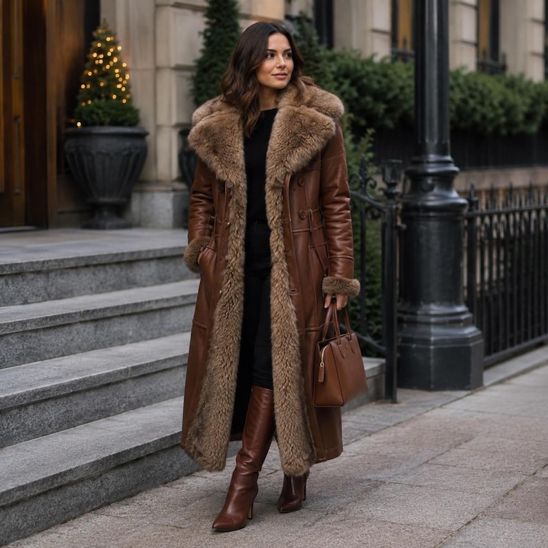 May include: A long brown leather coat featuring a thick, plush tan faux fur lining, a wide lapel collar, and long sleeves with fur cuffs. The coat is worn over a black top and black trousers, paired with brown leather knee-high boots and a brown handbag.