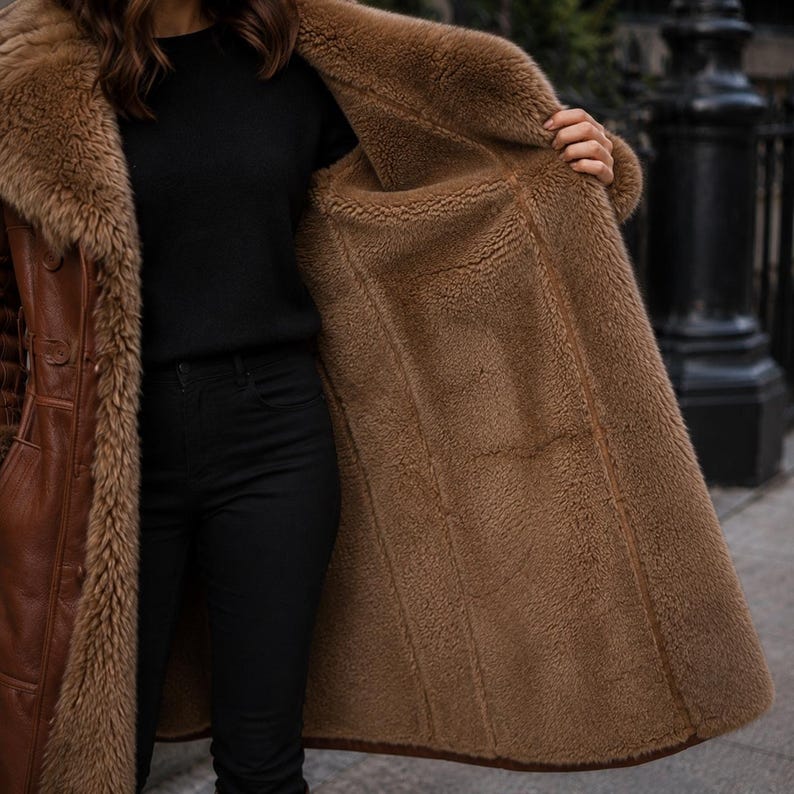 May include: A long brown leather coat featuring a thick, plush tan shearling lining and a wide, oversized collar. The coat is open, revealing the soft, textured interior material that extends along the front edges and the lapels of the garment.