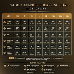 May include: A leather shearling coat size chart with a dark background and gold text. The table lists sizes from XS to 4XL with corresponding chest, waist, hip, shoulder, sleeve, and coat length measurements in inches and centimeters.