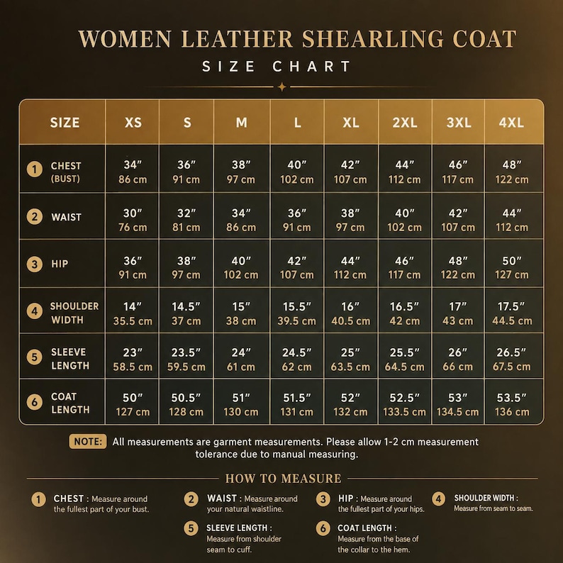 May include: A leather shearling coat size chart with a dark background and gold text. The table lists sizes from XS to 4XL with corresponding chest, waist, hip, shoulder, sleeve, and coat length measurements in inches and centimeters.