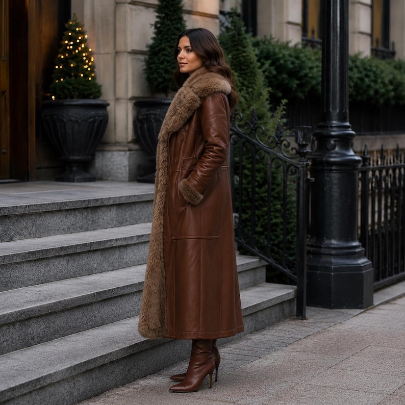 May include: A long, brown leather coat featuring a prominent, thick, textured faux fur collar and lapel that extends down the front. The coat has long sleeves with matching faux fur cuffs and is paired with brown leather heeled ankle boots.