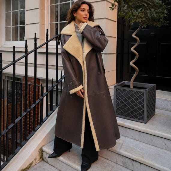 Women’s Brown Shearling Leather Winter Coat, Luxury Genuine Leather Warm Long Coat, 90's Ladies Oversized Coat, Timeless Fashion Outfit