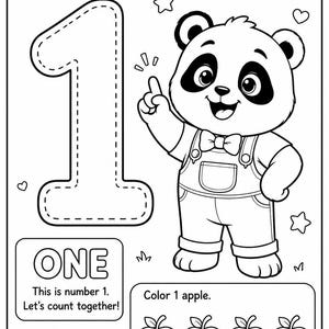 May include: A black and white colouring page featuring a large number 1, a panda wearing overalls and a bow tie, and four apples. The text reads Let's Learn Numbers, PoPo PANDA, ONE, This is number 1. Let's count together, and Color 1 apple.