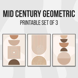 Puede incluir: Un conjunto de tres láminas de arte mural con formas geométricas en tonos marrón y beige. El texto MID CENTURY GEOMETRIC PRINTABLE SET OF 3 aparece en la parte superior. Los diseños incluyen semicírculos, cuadrados y líneas arqueadas.