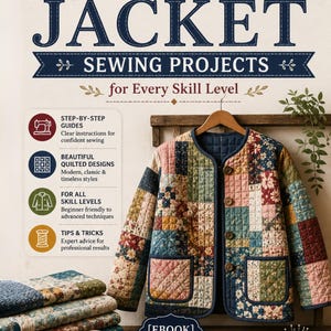 May include: A digital PDF ebook titled Creative Quilted Jacket Sewing Projects for Every Skill Level. The cover features a quilted jacket with a multi-colored patchwork floral pattern, dark blue trim, and four buttons, alongside sewing supplies.