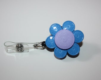 Upcycled/Recycled Retractable Flower ID Badge/ Name Tag Holder Made From Flip Off Caps From Medication Vials-Office, Hospital, RN