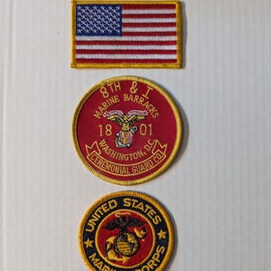 Vintage lot of 3 Military patches, American Flag, United States Marine Corps, and 8th & I Marine Barracks Washington DC Ceremonial Guard CO.