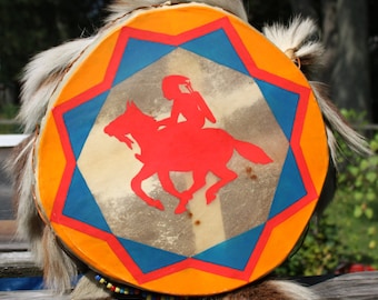 Vintage Native American Hand Painted Drum With Authentic Deer Tails, Wood and Rawhide, Plastic Beads, Colorful, leather handle-Collectible