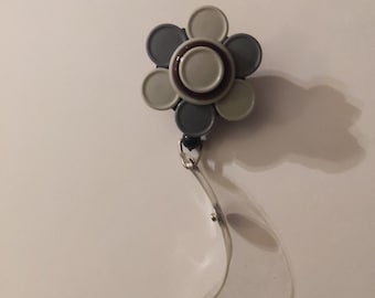 Retractable Flower Reel Badge Holder, made from flip off caps, up cycled, recycled, health care hero gift, name tag, badge holder