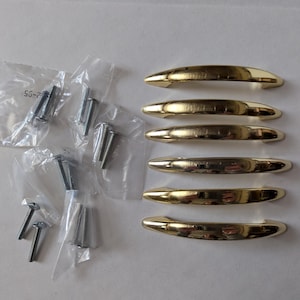 Vintage lot of 6 gold toned metal drawer pulls, hardware included