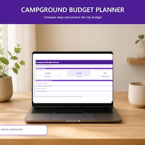 May include: A laptop screen displaying a Campground Budget Planner spreadsheet with purple headers. The interface shows fields for planned spend, total budget, and budget remaining, with text reading Campground Budget Planner and Instant Digital Download.