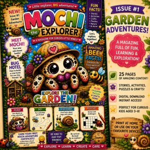 May include: A colorful magazine cover titled Mochi the Explorer featuring a cartoon spider wearing a safari hat. The cover includes text about garden adventures, bug hotels, fun facts, and activities, with illustrations of snails, bees, and ladybugs.