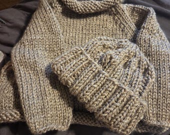 Camel 0-3 month hand knit  baby sweater and hat