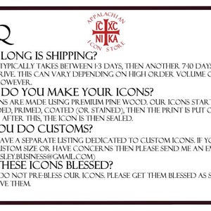 May include: A rectangular informational sign with a dark brown border and white background. The text FAQ is at the top left, with the Appalachian Icon Store logo at the top center. The text details production methods using pine wood and custom orders.