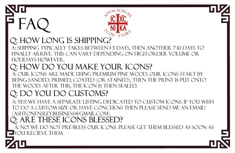 May include: A rectangular informational sign with a dark brown border and white background. The text FAQ is at the top left, with the Appalachian Icon Store logo at the top center. The text details production methods using pine wood and custom orders.
