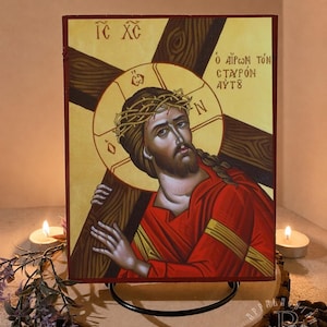 Handmade Wooden Byzantine Orthodox Icon: Christ Carrying the Cross – Appalachia Made image 1