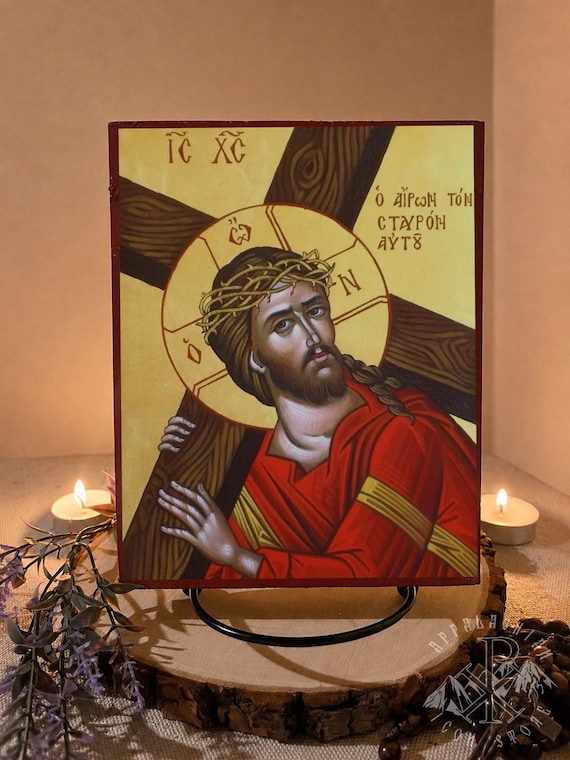 Handmade Wooden Byzantine Orthodox Icon: Christ Carrying the Cross – Appalachia Made