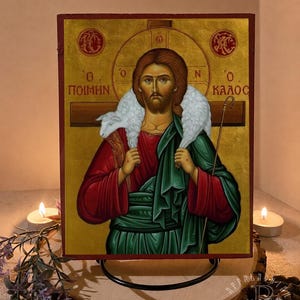 Icono bizantino ortodoxo de madera hecho a mano: Cristo el Buen Pastor – Hecho en los Apalaches