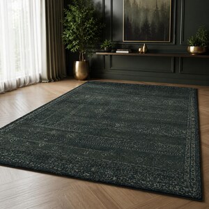 Vintage Patchwork Wool Rug, Handmade Distressed Persian Area Rug, Charcoal Blue Luxury Carpet, Modern Heirloom Living Room Rug