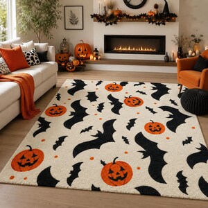 Hand-Tufted Halloween Decorations Rug | Spooky Pumpkin & Bats Halloween Decor, Gothic Jack O Lantern Area Rug
