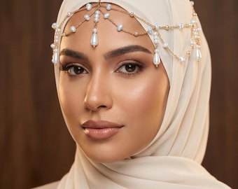 Tiara de pérolas para noiva, corrente de cabelo boho para casamento, coroa de pérolas pendente, joia para testa da noiva, acessórios de cabelo para casamento, tiara élfica