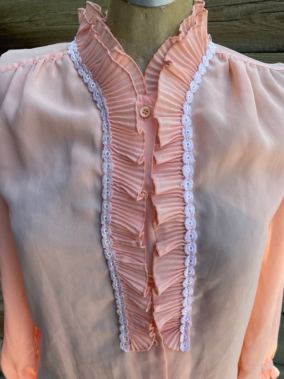 Vintage 70s 80s Peach Ruffle and Lace Blouse Size 