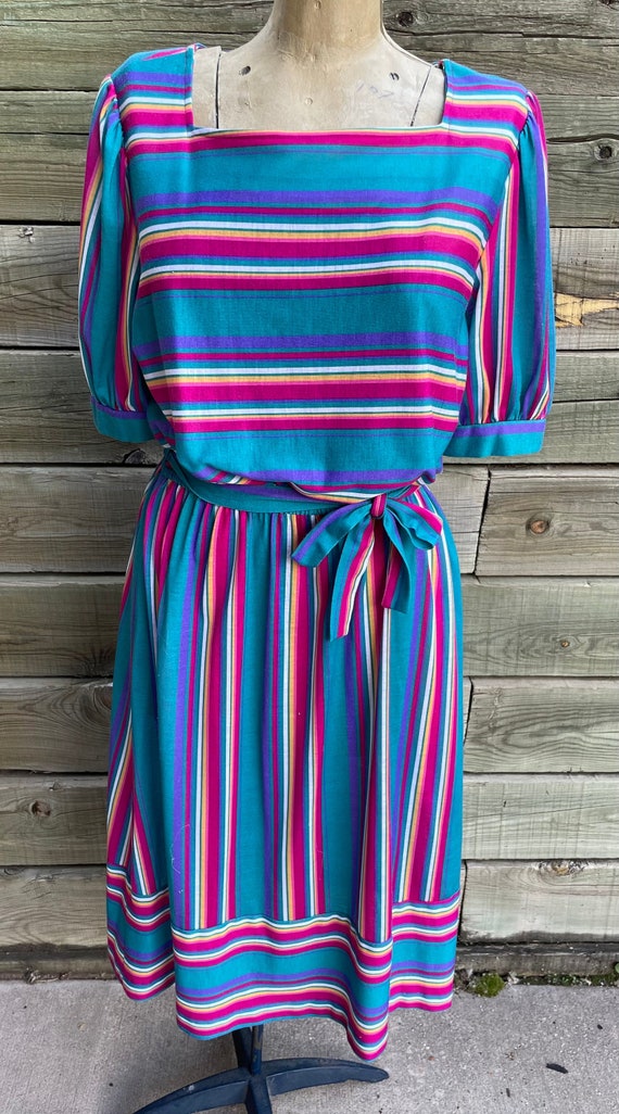 Vintage 70s 80s Rainbow Striped Knee Length Dress 