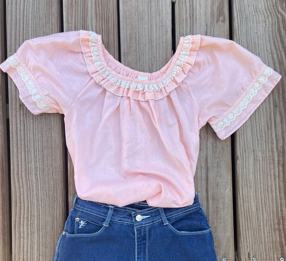 Vintage 70s 80s Peach Ruffle and Eyelet Western C… - image 3