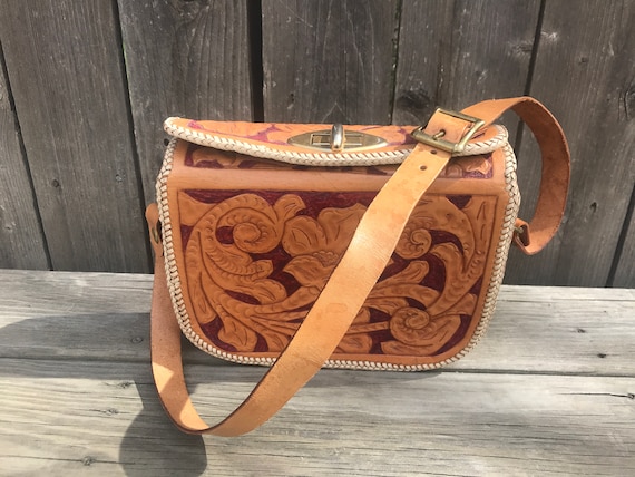 Vintage 70s Hippie Boho Western Tooled Leather Pu