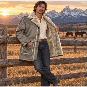 Puede incluir: Una chaqueta de color verde oliva con un grueso forro y cuello de piel sintética beige, sobre una camisa de botones de color claro y vaqueros azul oscuro. La chaqueta cuenta con cierre de botones y dos grandes bolsillos de parche.