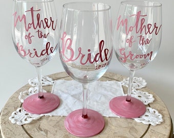 Custom Wedding Glasses - Bride - Mother of the Bride - Mother of the Groom - With Date and Wedding Color Scheme - Hand Painted