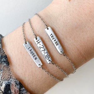 Personalized Double-Sided Bar Bracelet - Made with a Vintage Fork Tine - Hand Stamped Names/Date/Heart - Kid&#39;s Name - Adjustable Steel Chain