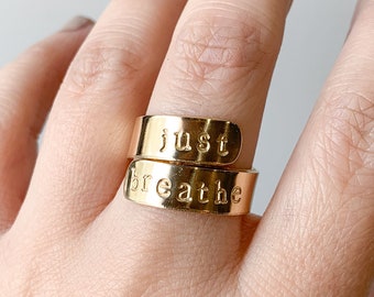 Custom Brass Wrap Ring: Hand Stamped Personalized Saying - Adjustable