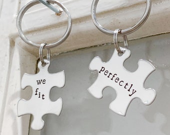 We Fit Perfectly - Hand Stamped Puzzle Piece Keychain Set - Silver Stainless Steel - Custom - Personalized - Two Keychains - Love