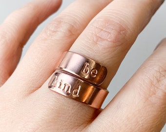 Custom Copper Wrap Ring - Adjustable - Personalized Name - Be Kind - Dream Big - You Choose The Saying! - Hand Stamped - Rose Gold Color