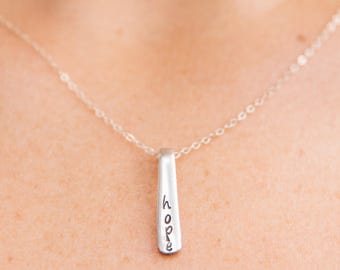 Hand Stamped Fork Tine Necklace: Personalized Sterling Silver Bar Pendant