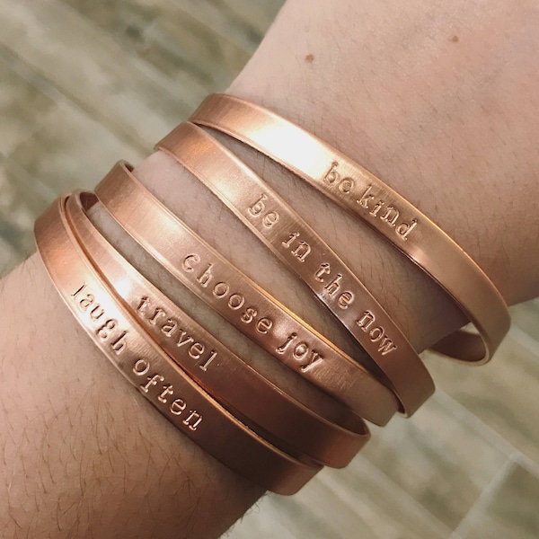 Custom Copper Cuff Bracelet - Thin Bracelet Perfect For Stacking - Hand Stamped with  / Name / Saying of Your Choice - Shiny Rose Gold Tone