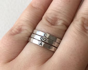 Custom Initial Ring Set - Sterling Silver -  Three Rings with Initials and Heart - Personalized - Hammered - Stacking - Hand Stamped