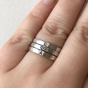 Custom Initial Ring Set - Sterling Silver -  Three Rings with Initials and Heart - Personalized - Hammered - Stacking - Hand Stamped