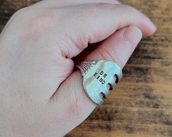 Size 7.5 Sterling Silver Fork Ring - Hand Stamped "Be Kind"