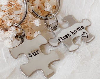 Our First Home - Stainless Steel Puzzle Keychain Set - Hand Stamped - Personalized - Set of 2 Keychains - Realtor Gift - Housewarming