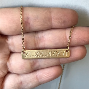 Custom Roman Numeral Necklace - Dainty Brass Bar Necklace on Cable Chain - Personalized with Any Date, Name or Saying! - Made in the USA
